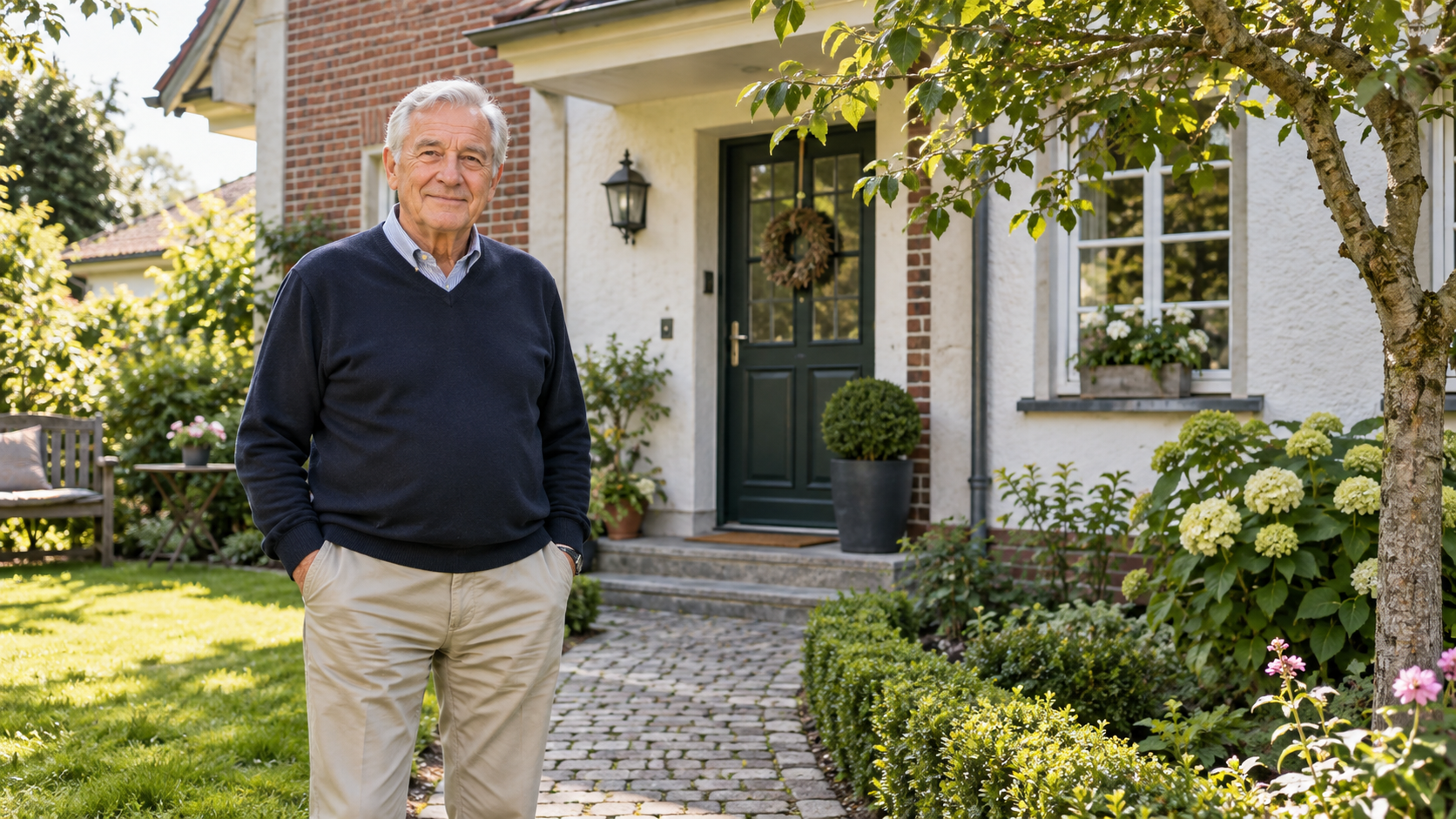 Älterer Mann vor seinem gepflegten deutschen Wohnhaus