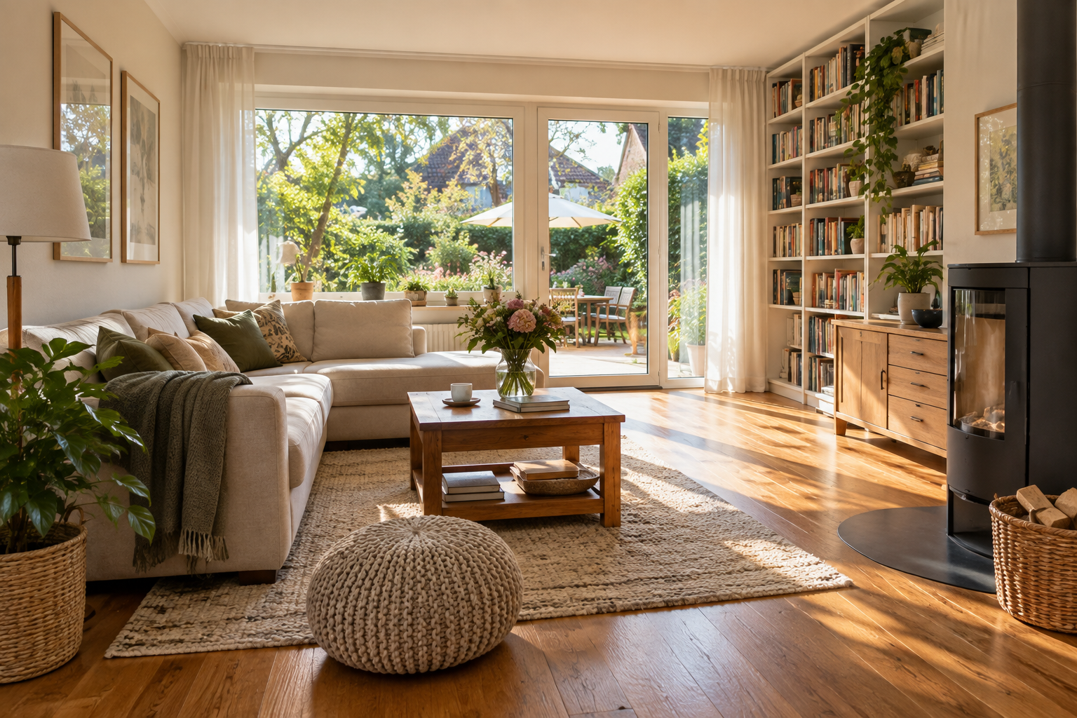 Heller Wohnraum mit persönlichen Büchern und Gartenblick